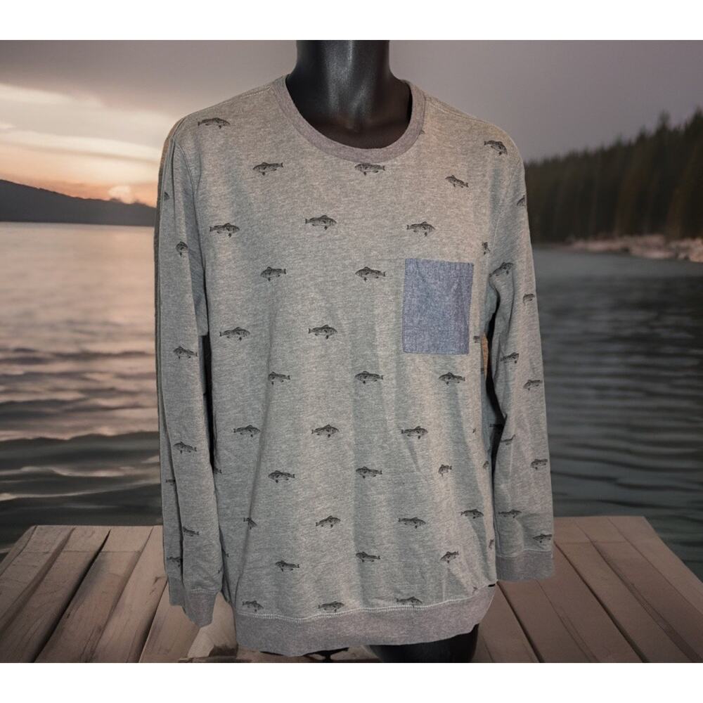 On The Byas Mens Sz XL Gray Long Sleeve‎ Shirt Fish Pattern With Blue Picket